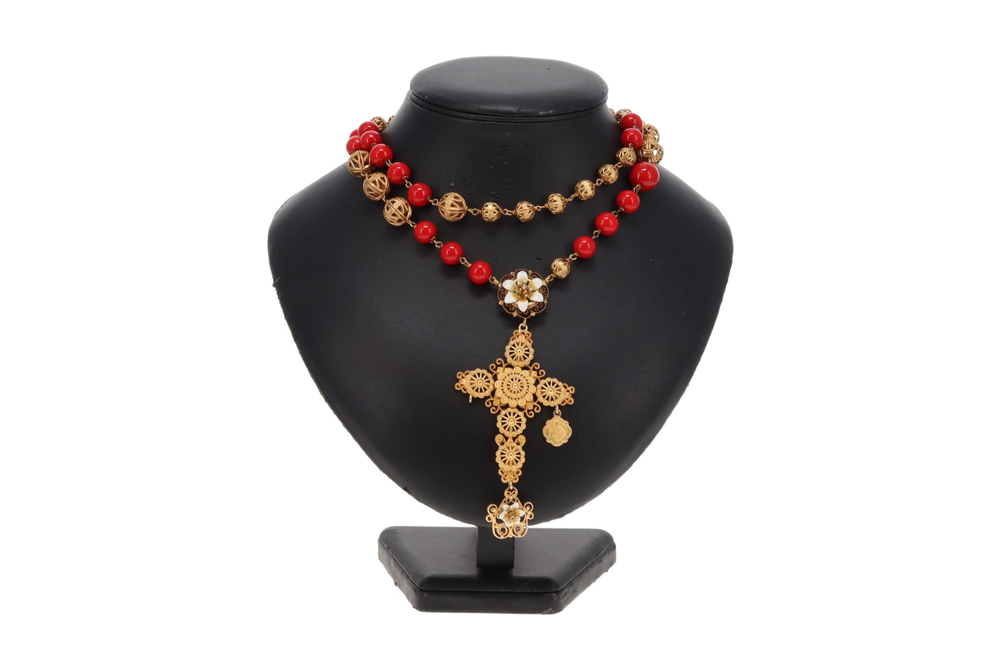 Dolce & Gabbana Sicily Cross Pendant Red Bead Necklace