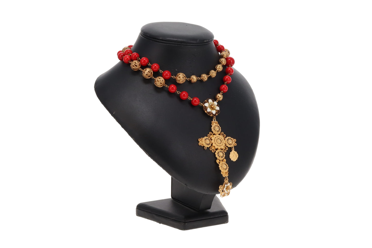 Dolce & Gabbana Sicily Cross Pendant Red Bead Necklace