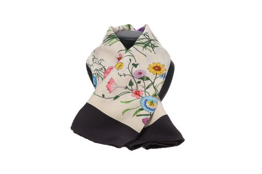 Gucci Vintage Black Border Water Flower & Butterfly Scarf