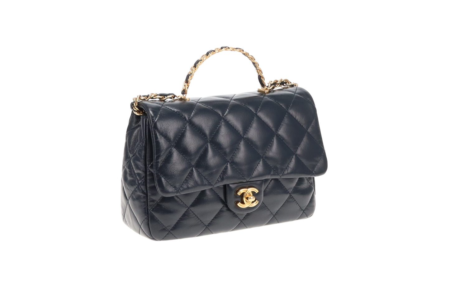 Chanel Navy Leather GHW 23A Golden Links Top Handle Flap Bag