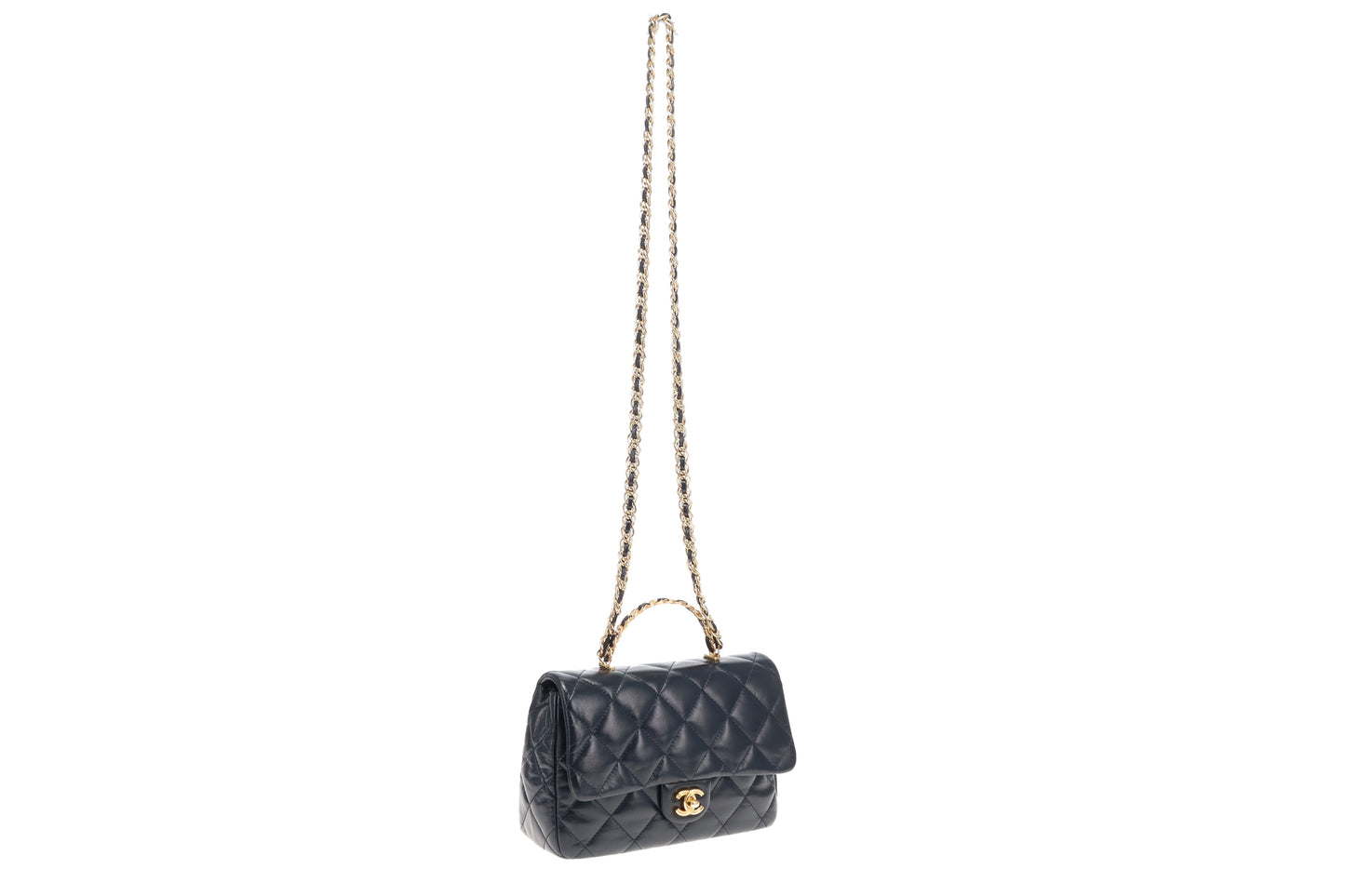 Chanel Navy Leather GHW 23A Golden Links Top Handle Flap Bag