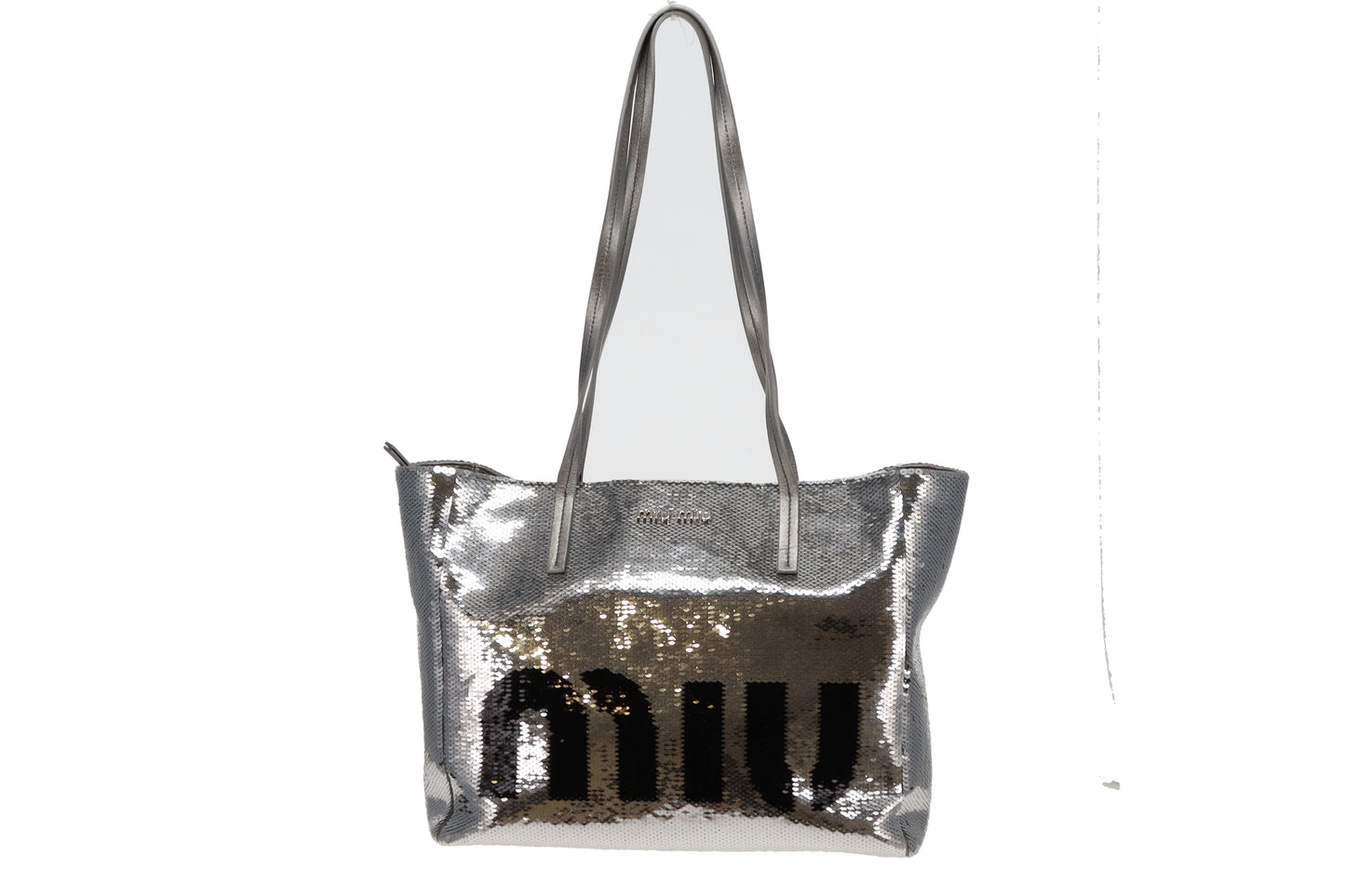 Miu Miu Silver and Black Logo Sequin Tote Bag