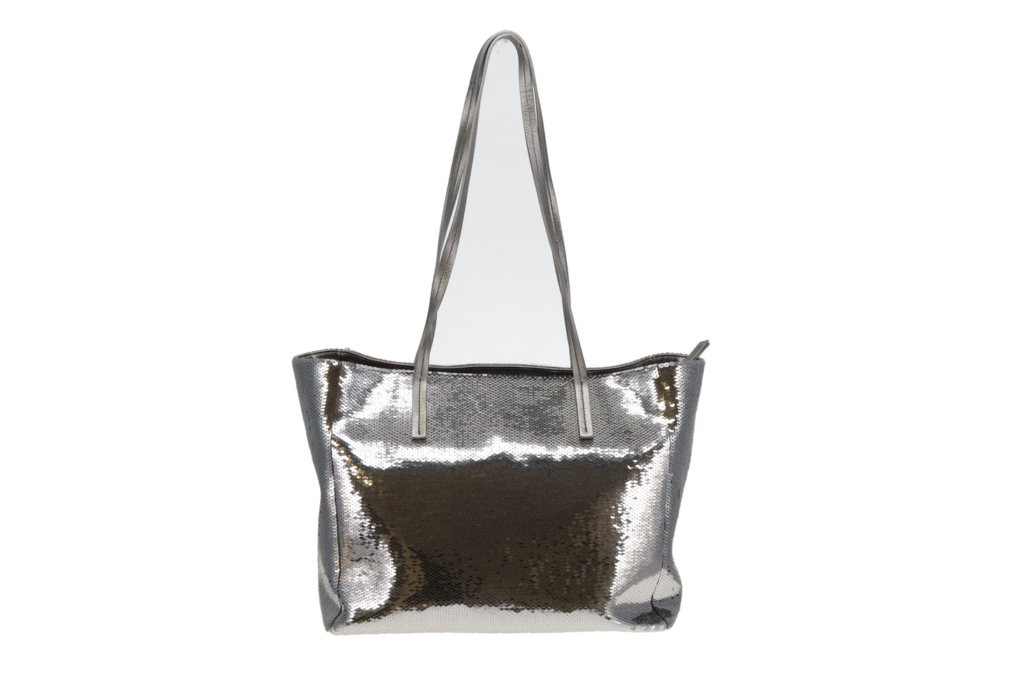 Miu Miu Silver and Black Logo Sequin Tote Bag