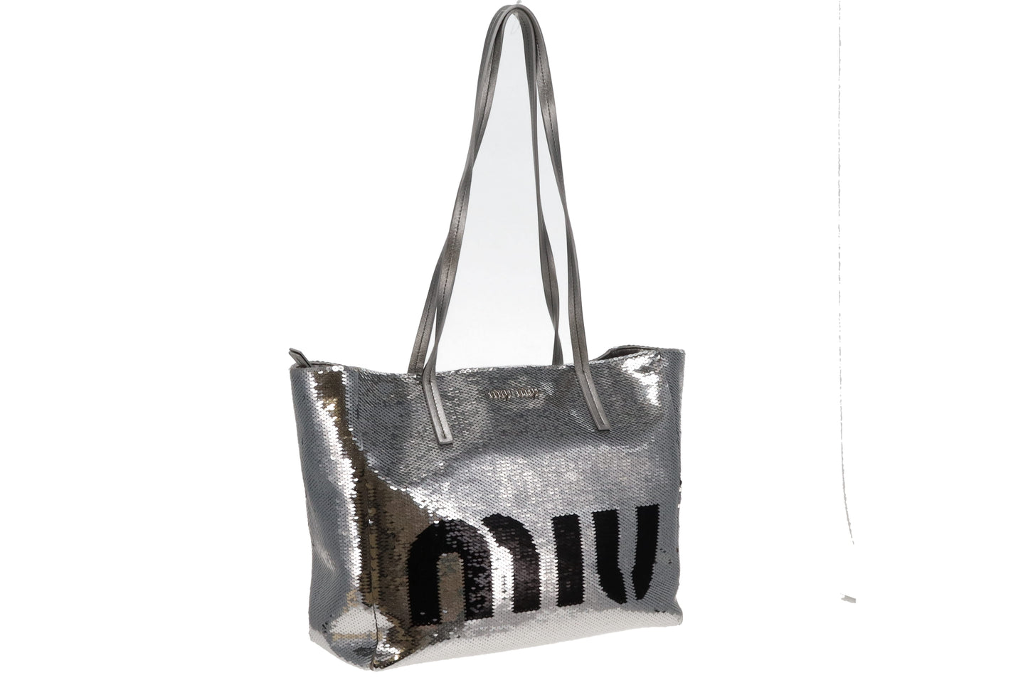 Miu Miu Silver and Black Logo Sequin Tote Bag