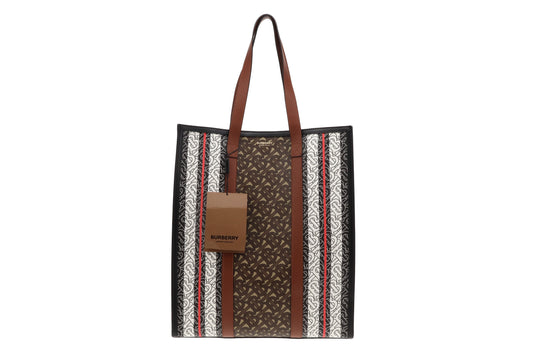 Burberry Bridle Print Brown Monogram E-Canvas Stripe Tote with Strap