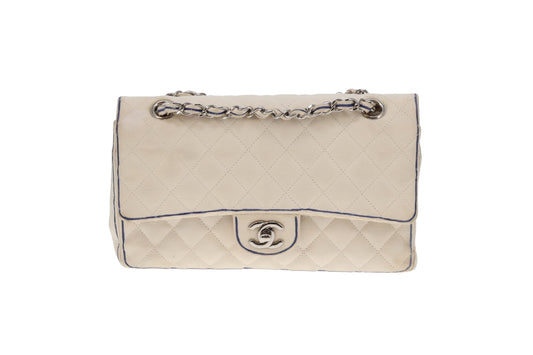 Chanel Off White Grosgrain and Navy Edge Detail Classic Medium Double Flap Bag 2014