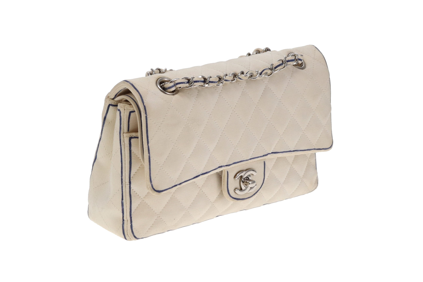 Chanel Off White Grosgrain and Navy Edge Detail Classic Medium Double Flap Bag 2014