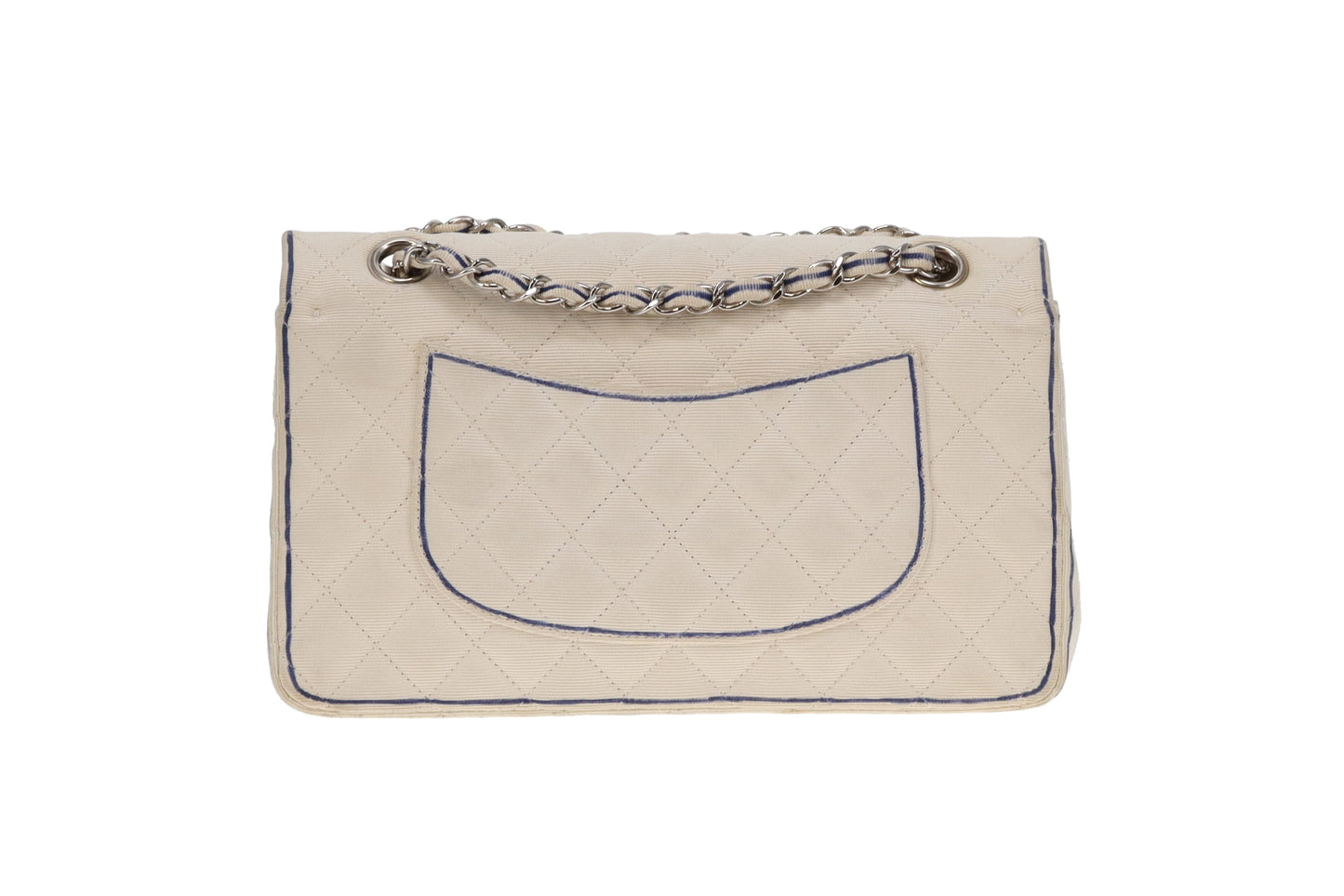 Chanel Off White Grosgrain and Navy Edge Detail Classic Medium Double Flap Bag 2014