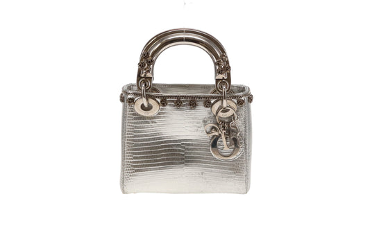 Dior Metallic Silver Flower Studded Mini Lady Dior 2015