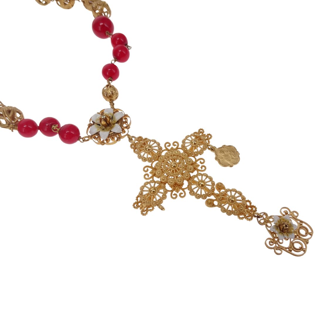 Dolce & Gabbana Sicily Cross Pendant Red Bead Necklace