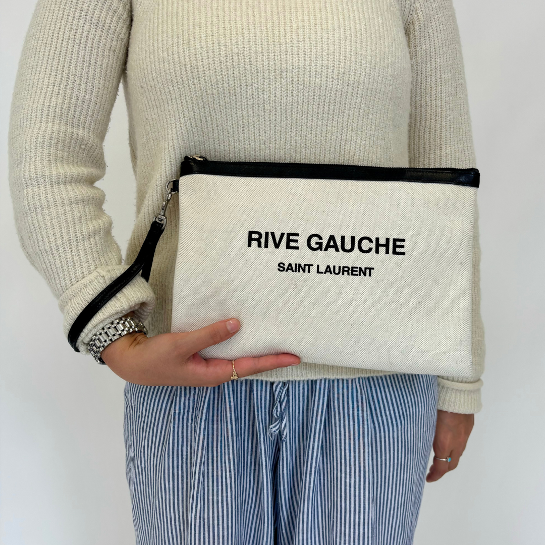 Saint Laurent Beige Canvas Rive Gauche Zippered Pouch