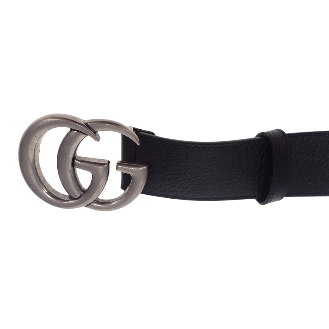 Gucci Black Textured Leather Double G Wide Belt 85cm