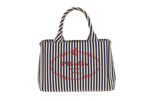 Prada Canapa Stampata Bluette Striped Small Tote With Strap