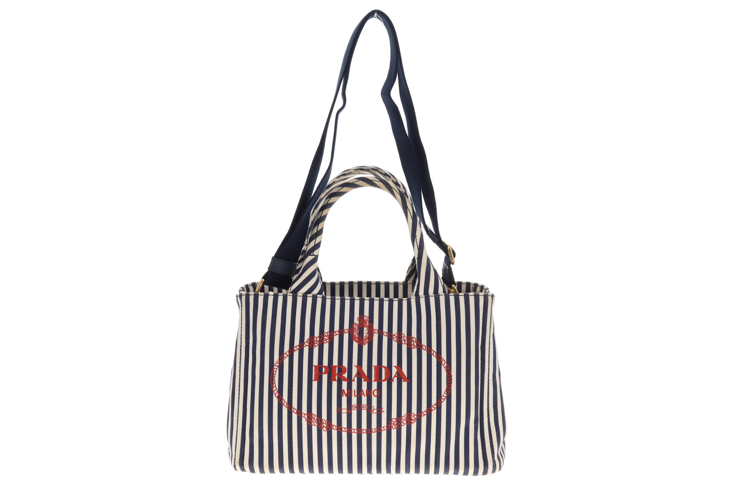 Prada Canapa Stampata Bluette Striped Small Tote With Strap