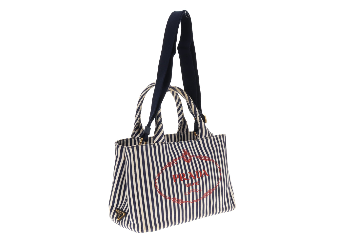 Prada Canapa Stampata Bluette Striped Small Tote With Strap