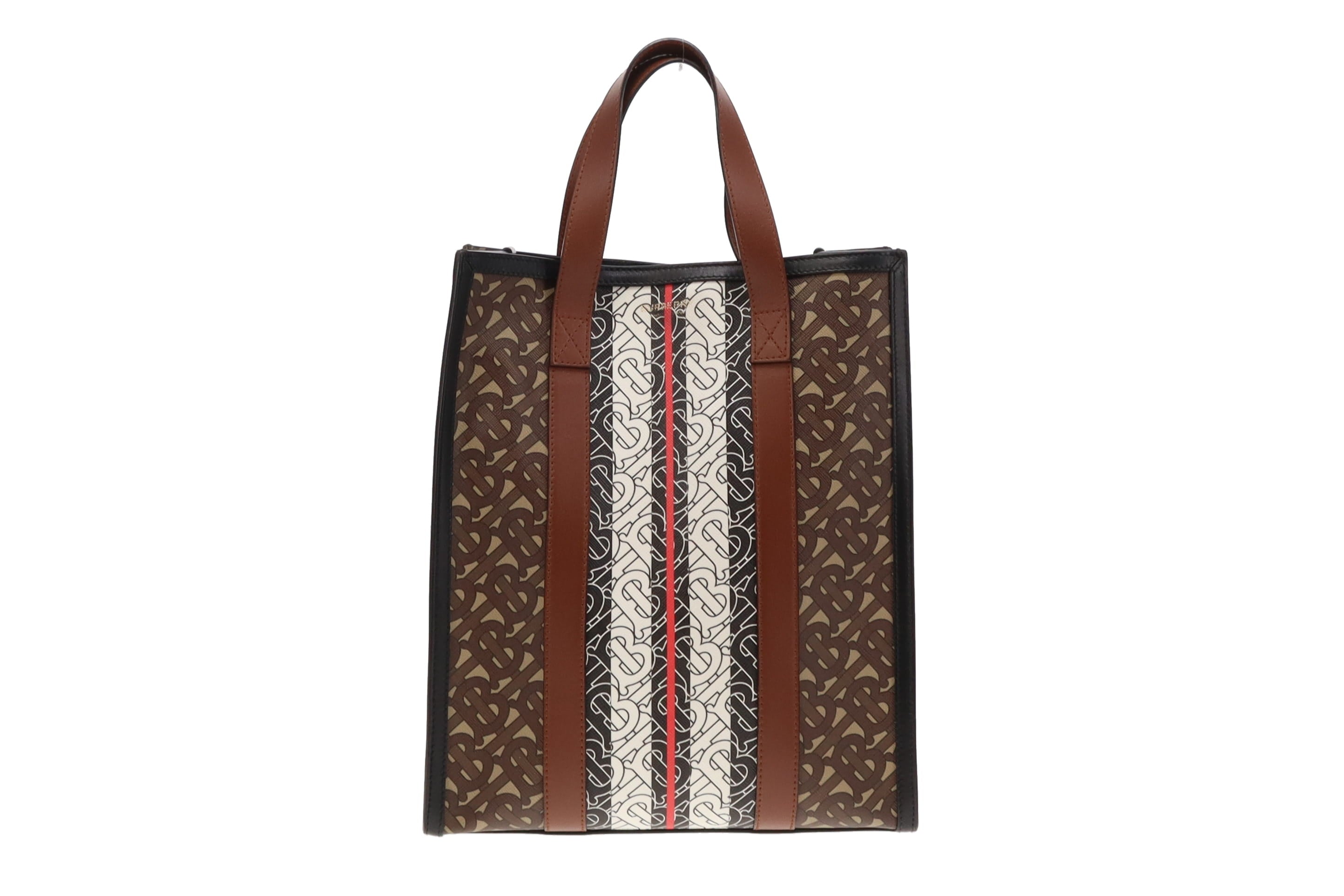 Burberry Bridle Brown Monogram E Canvas Stripe Tote with Strap