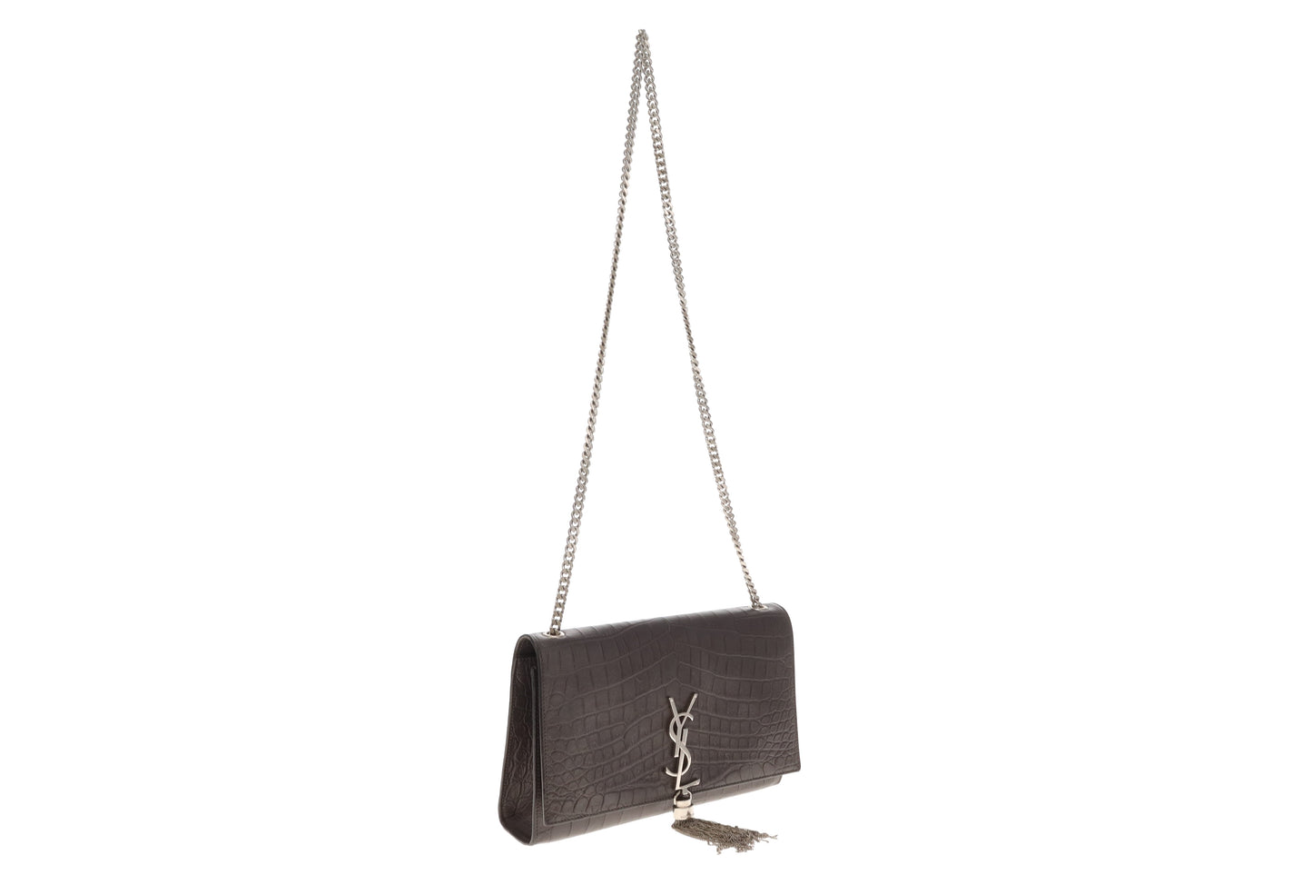 Saint Laurent Grey Crocodile Embossed Medium Kate Tassel