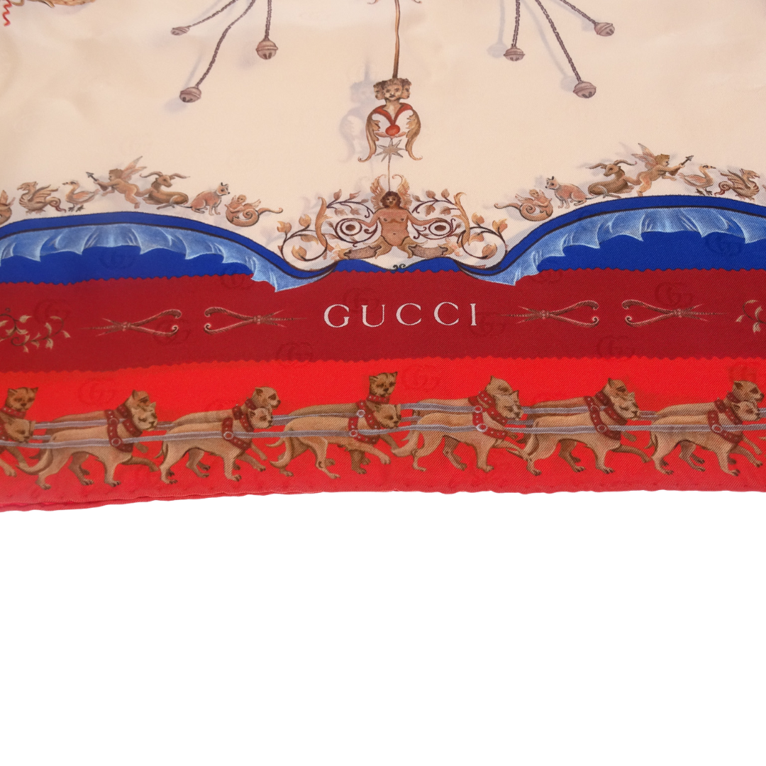 Gucci Red/Navy/Cream Dog and Cherub Scarf