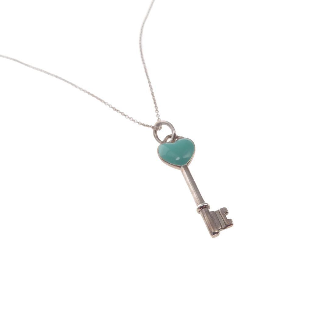 Tiffany & Co. Sterling Silver Blue Enamel Heart Key Pendant Necklace