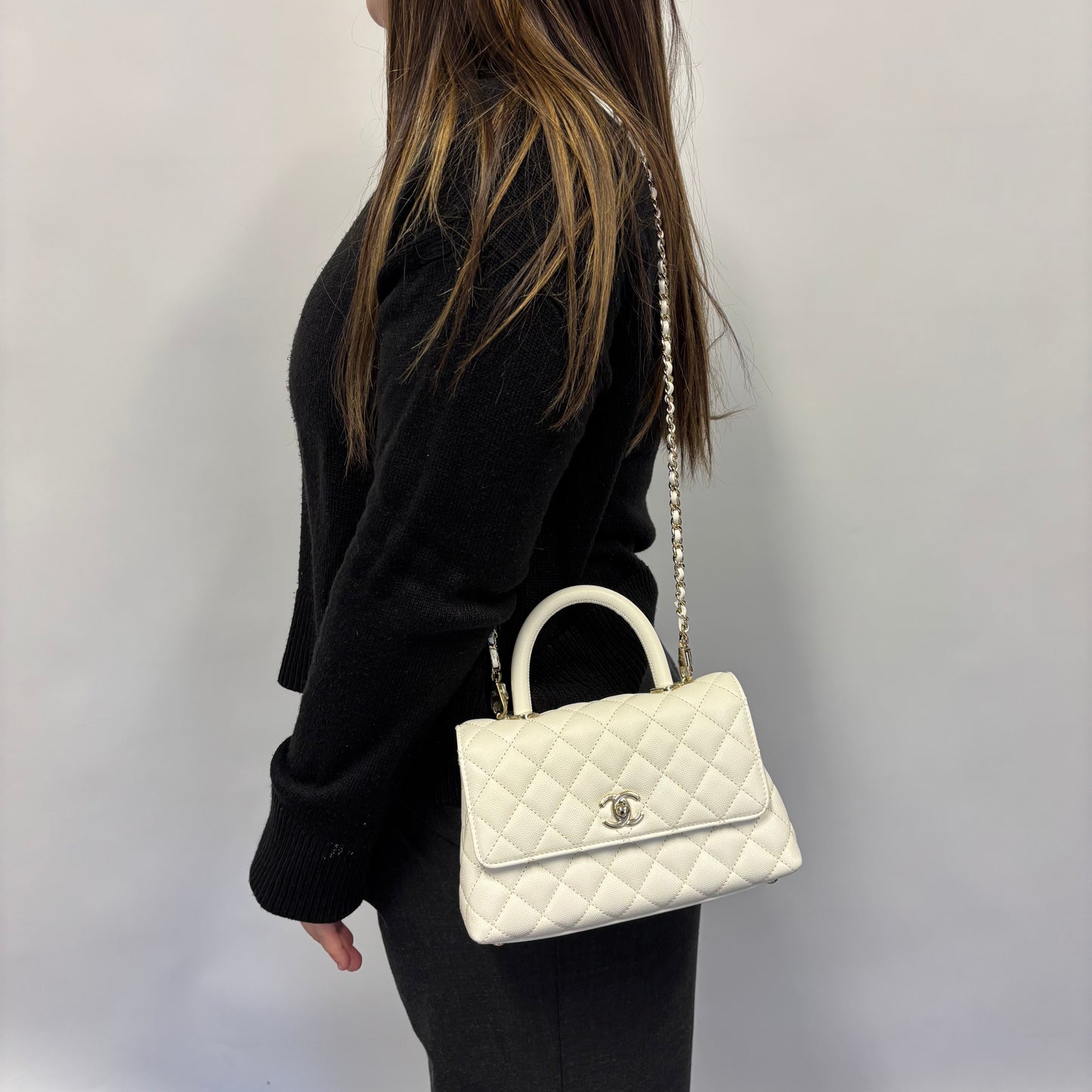 Chanel White Caviar GHW Small Coco Top Handle (NFID Chip)