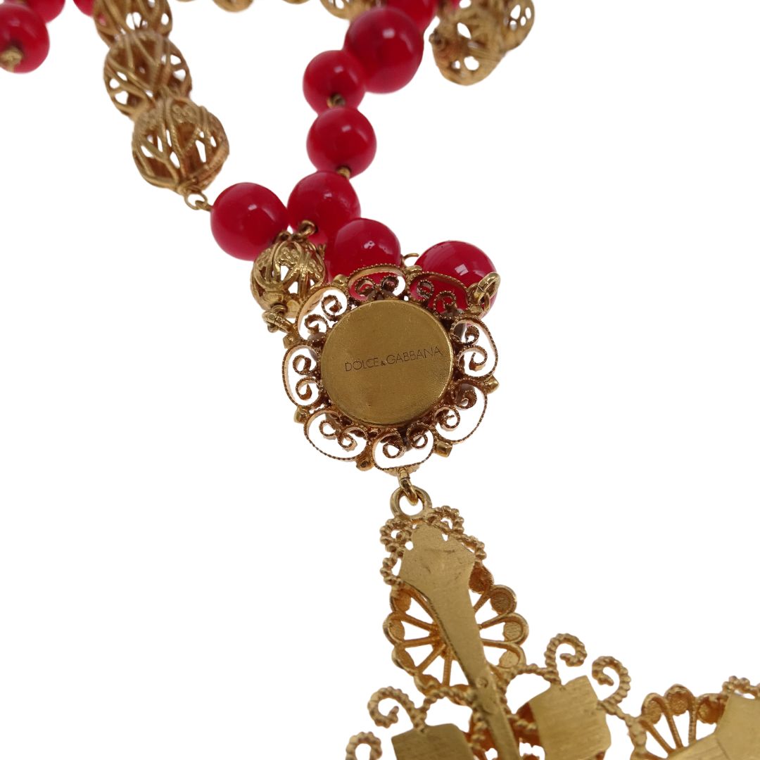 Dolce & Gabbana Sicily Cross Pendant Red Bead Necklace