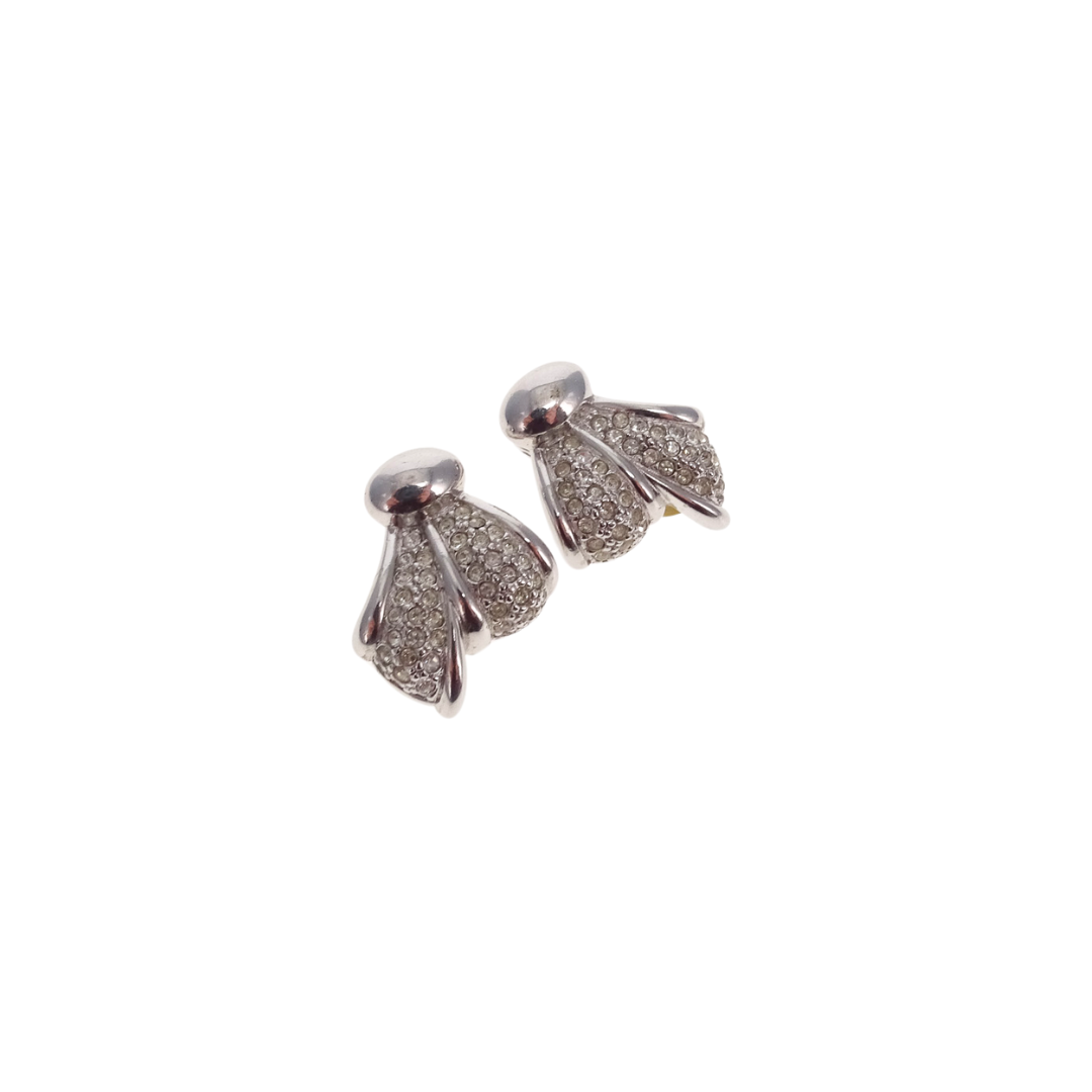 Christian Dior Vintage Silvertone Clip On Earrings With Costume Stones