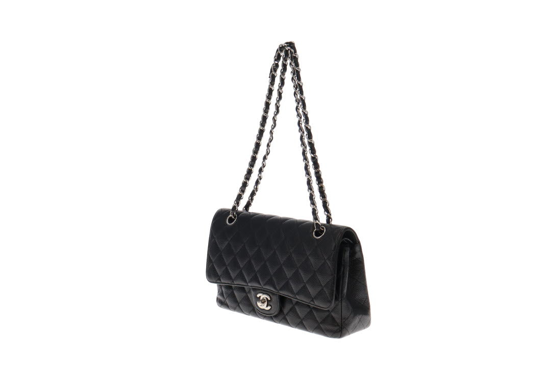 CHANEL Classic Black Quilted Caviar SHW Silver Chain Jumbo Large Flap Bag