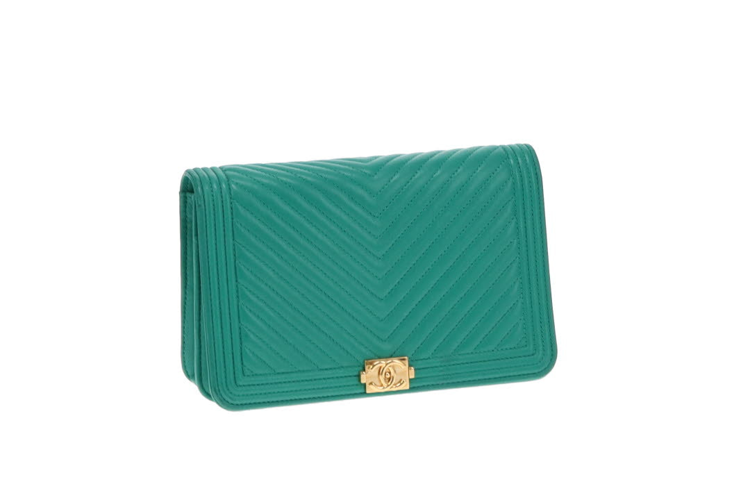 Chanel Green Chevron Le Boy Wallet On Chain With Gold Hardware 2019