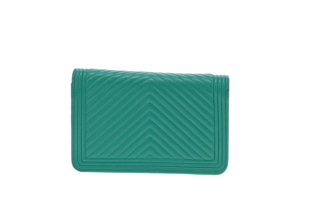 Chanel Green Chevron Le Boy Wallet On Chain With Gold Hardware 2019