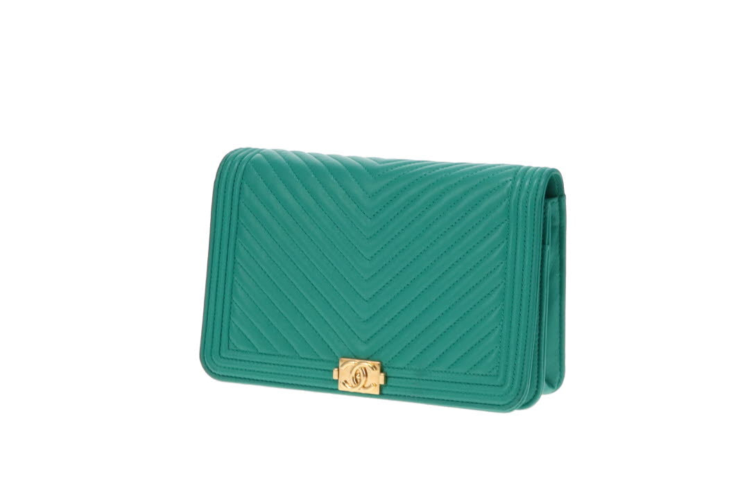 Chanel Green Chevron Le Boy Wallet On Chain With Gold Hardware 2019