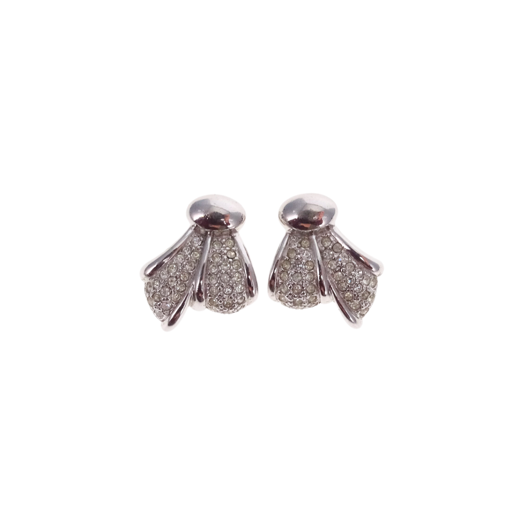 Christian Dior Vintage Silvertone Clip On Earrings With Costume Stones