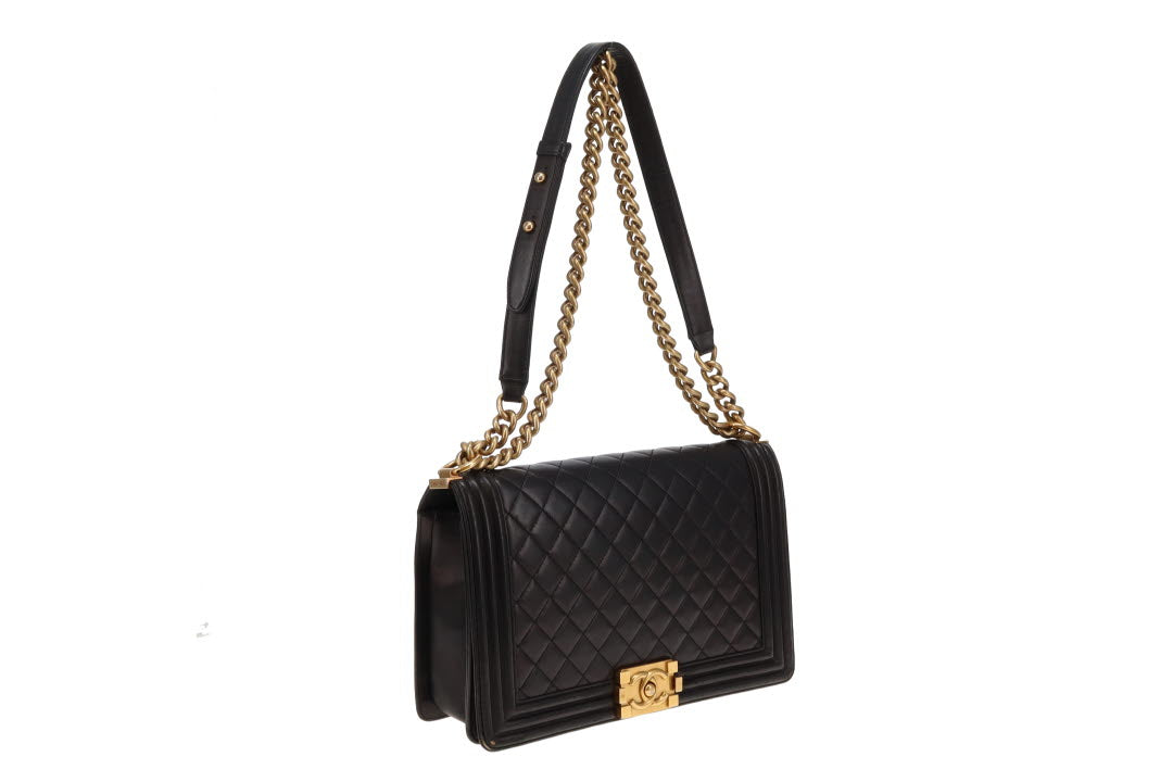 Chanel Lambskin Boy Bag New Medium 21 Series Black With Gold Hardware