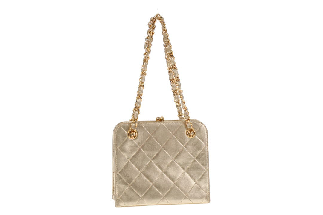 Chanel Vintage Gold Top Handle Chain Kisslock Bag