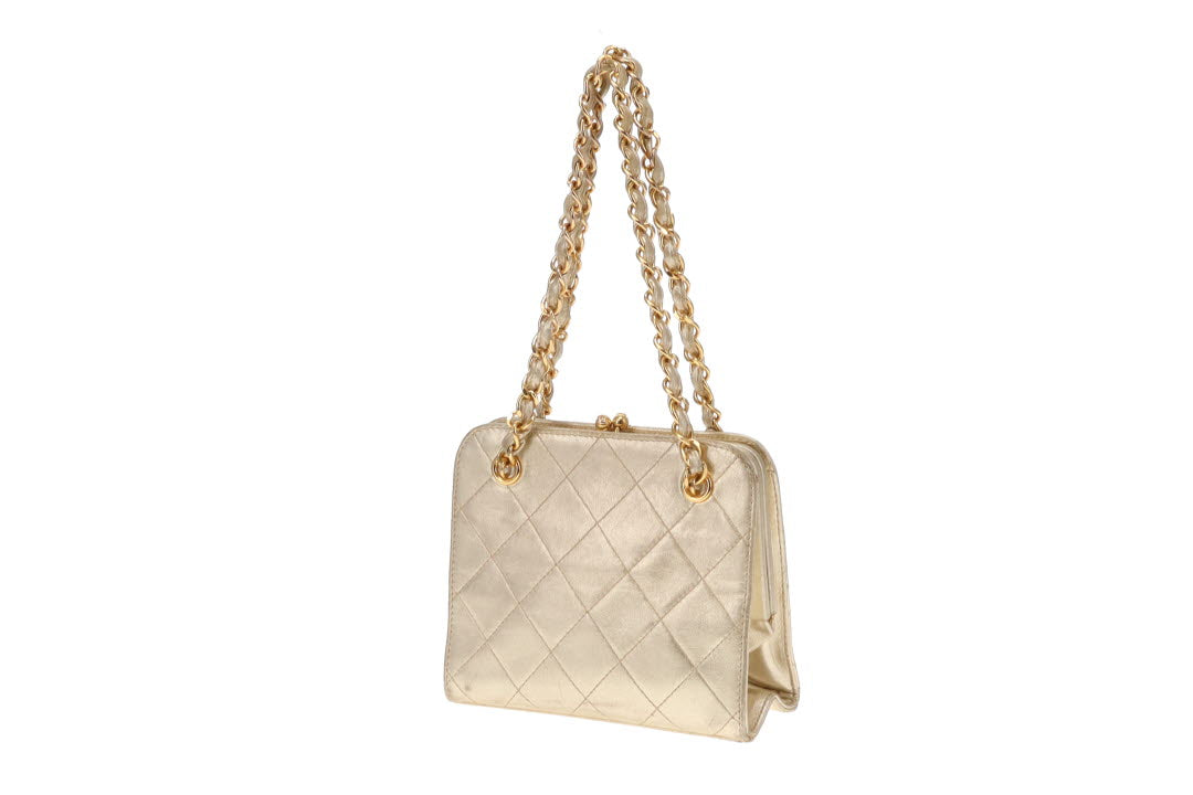 Chanel Vintage Gold Top Handle Chain Kisslock Bag