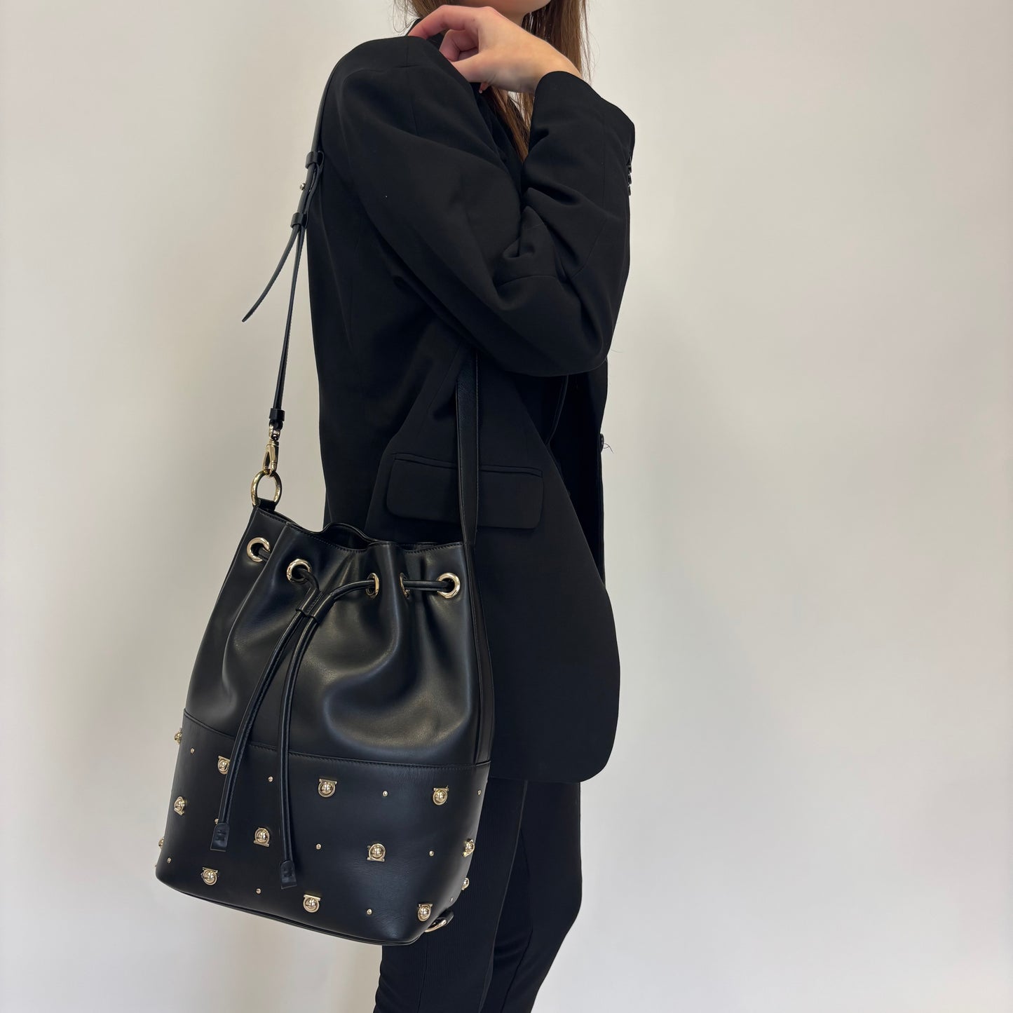 Salvator Feragamo Black Smooth Logo Studded Bucket Bag