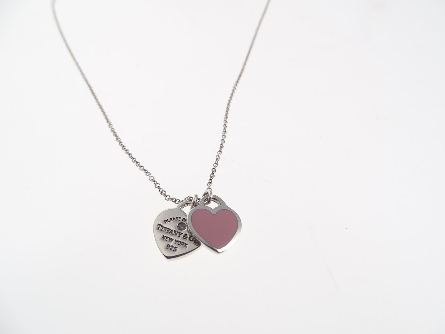 Tiffany & Co Sterling Silver & Pink Enamel with Diamond RTT Double Mini Heart Necklace