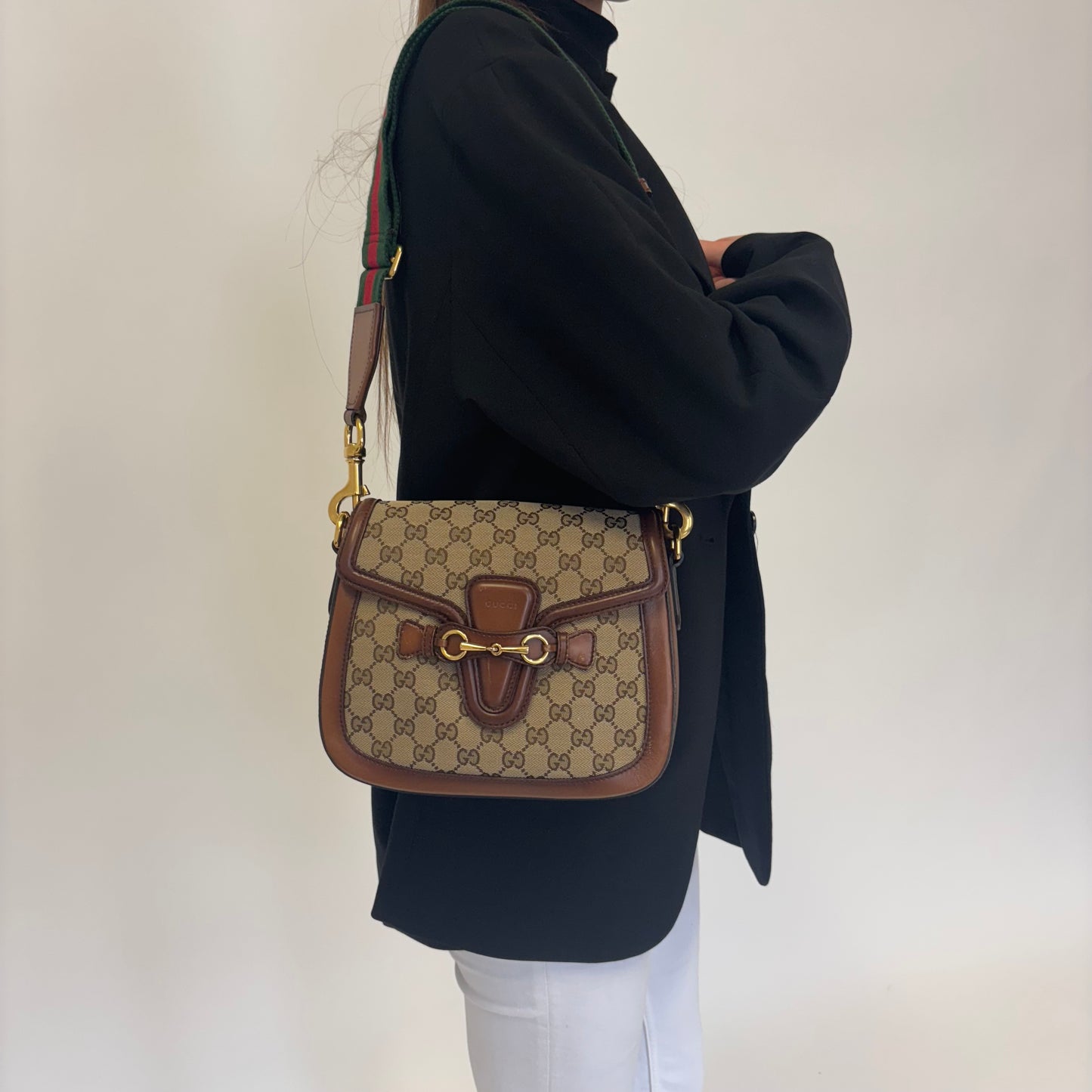 Gucci GG Canvas and Brown Leather Lady Web Shoulder Bag