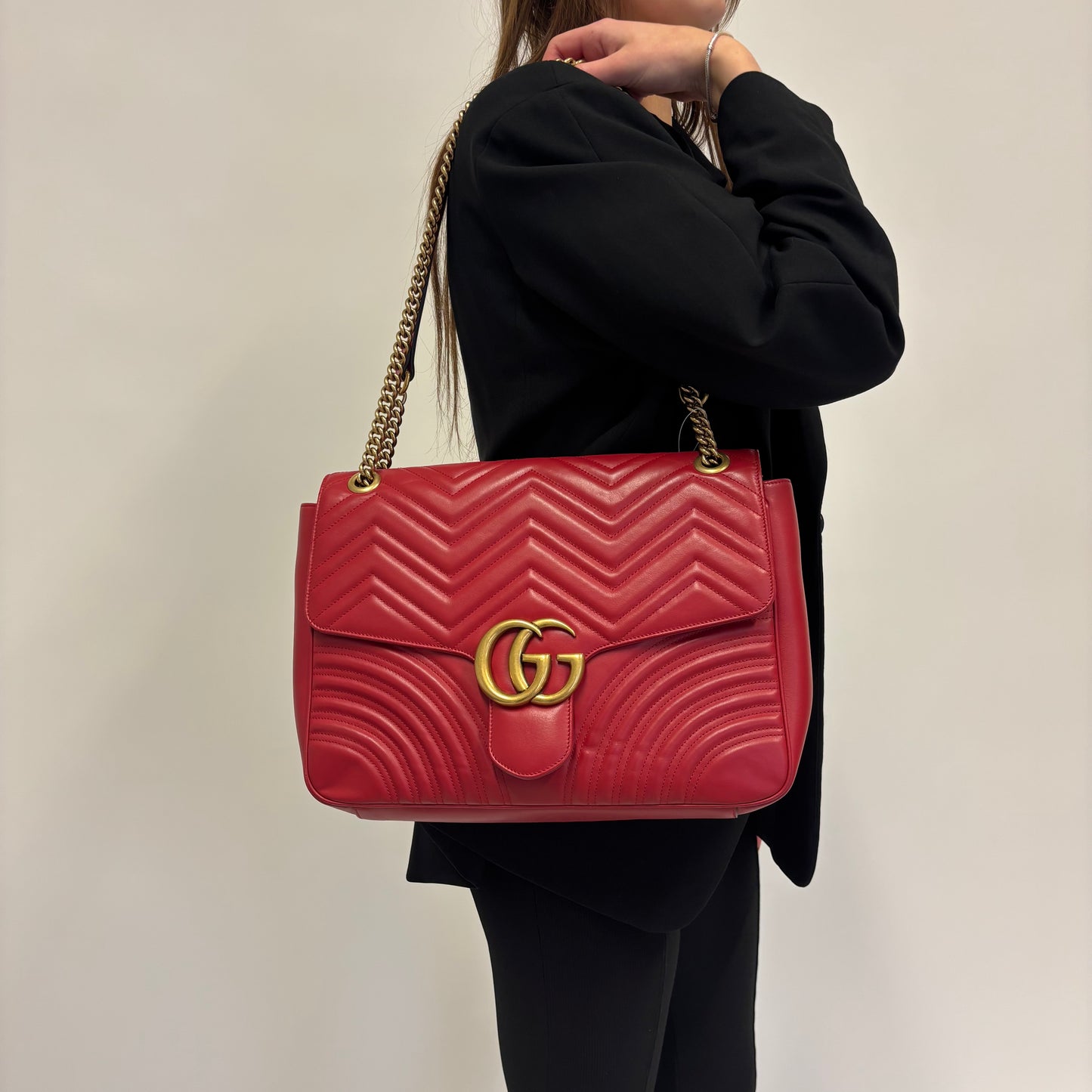 Gucci Red Chevron Leather Large Marmont Flap Bag