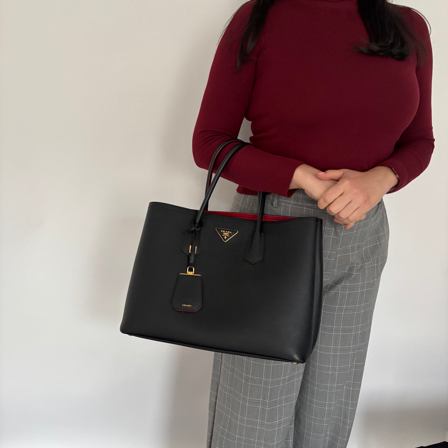 Prada Black Saffiano & Red Interior Large Double Tote Bag