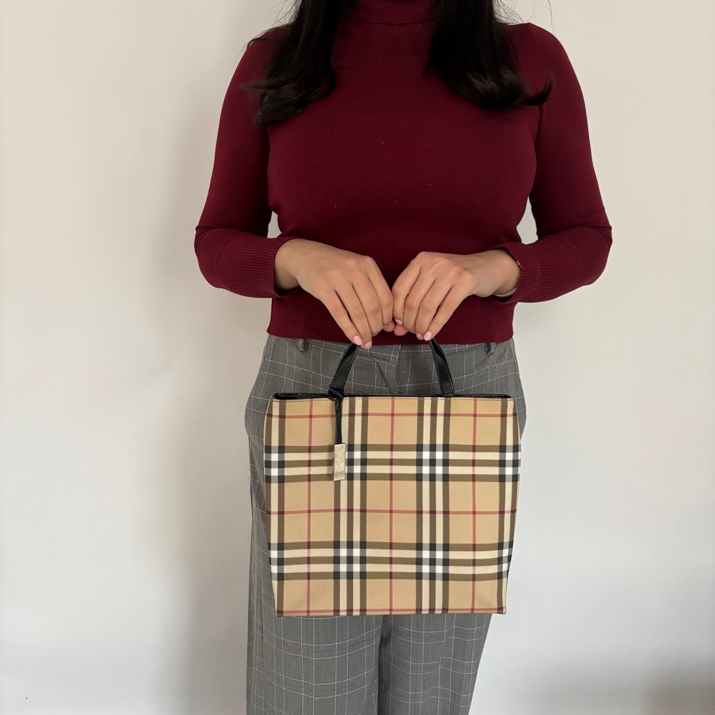 Burberry Check Coated Canvas Small Top Handle Tote Bag