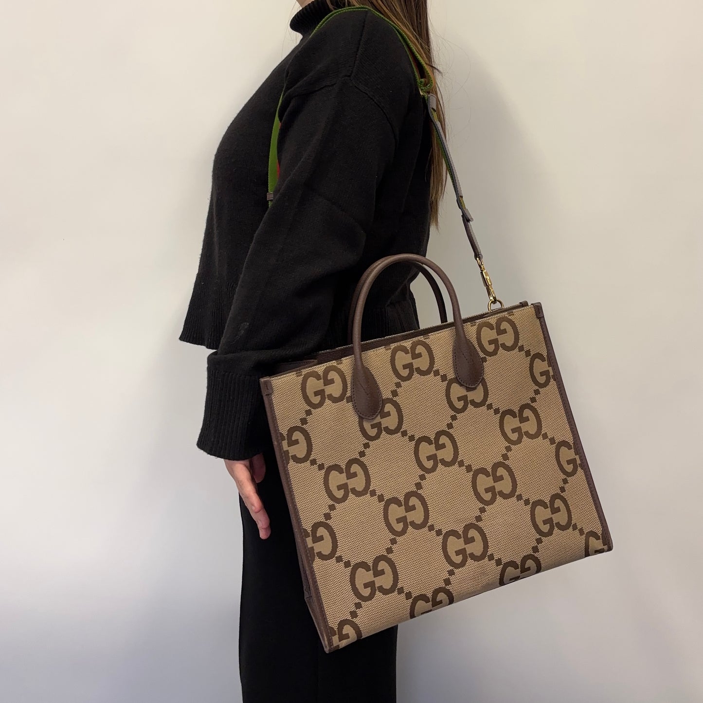 Gucci Jumbo GG Canvas Tote Bag with Web Strap