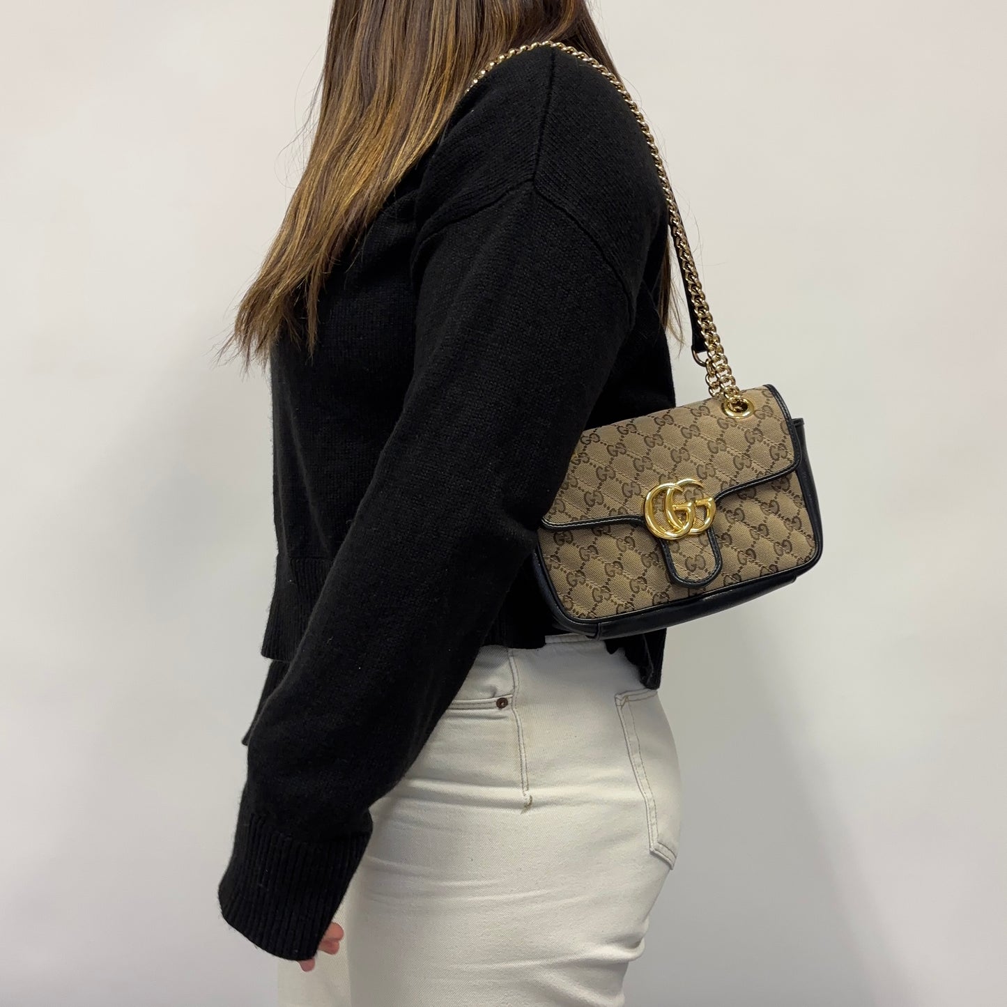 Gucci Beige GG Logo Canvas and Black Leather Trim Mini Marmont Crossbody