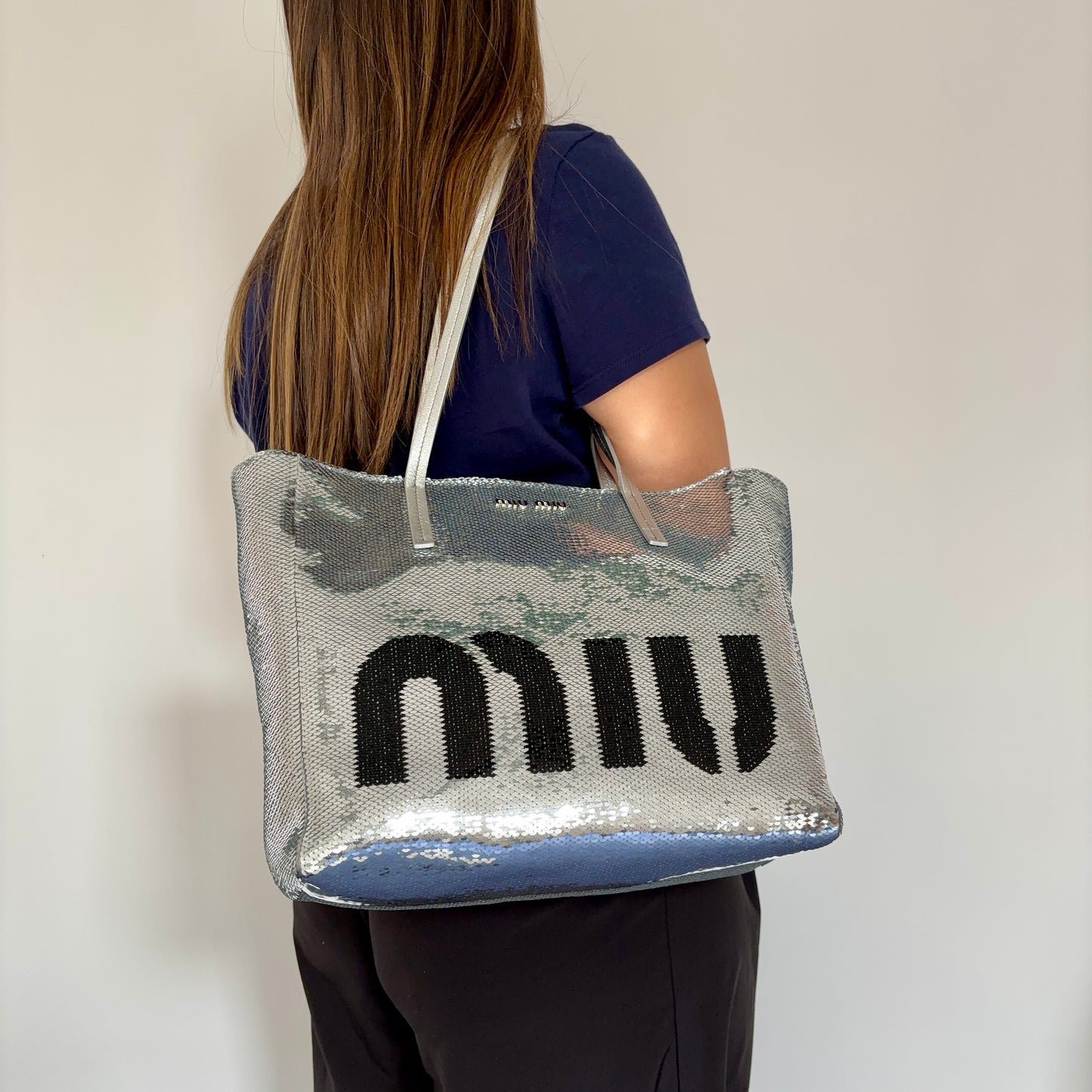 Miu Miu Silver and Black Logo Sequin Tote Bag