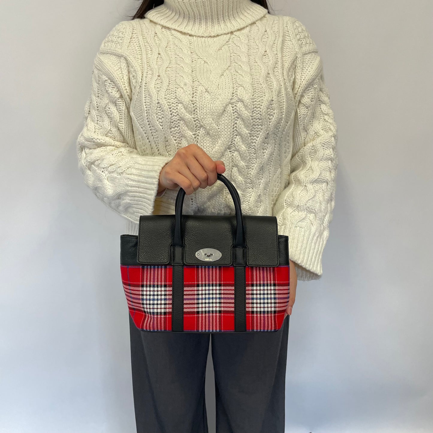 Mulberry Black Leather and Red Tartan Small Bayswater