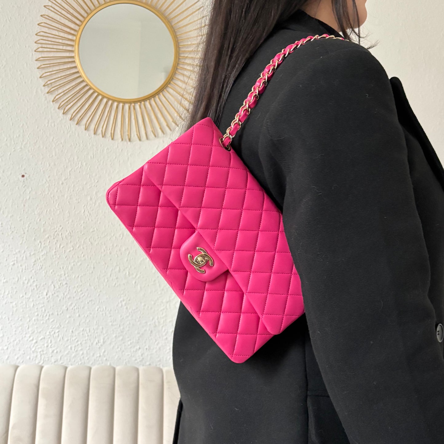 Chanel Hot Pink Medium Lambskin Classic Double Flap GMHW 2016