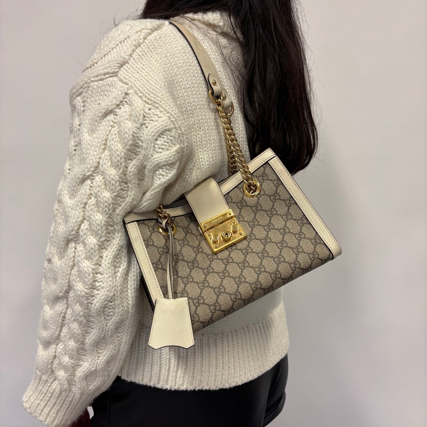 Gucci GG Supreme and White Leather Trim Small Padlock Tote Bag