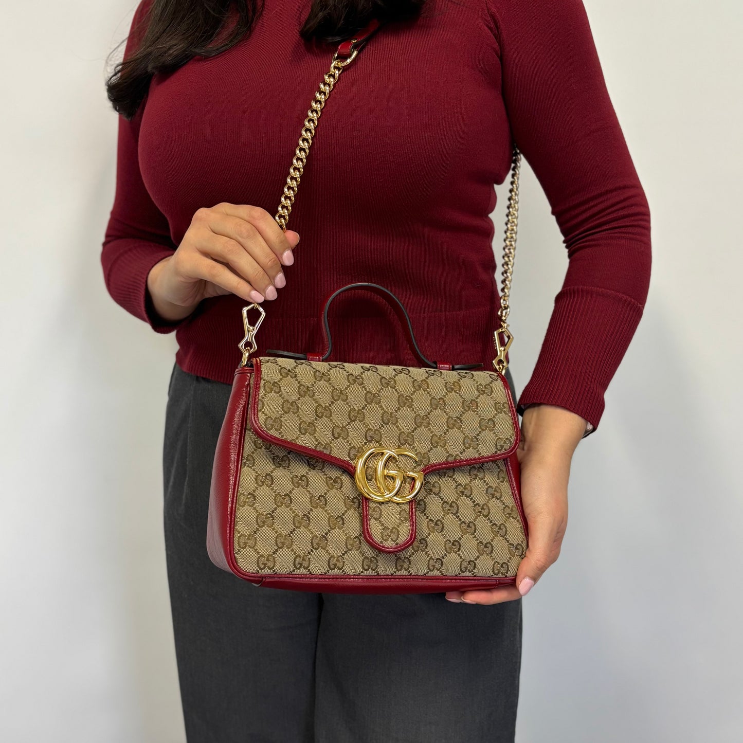 Gucci GG Canvas and Red Leather Trim Small Marmont Top Handle Bag