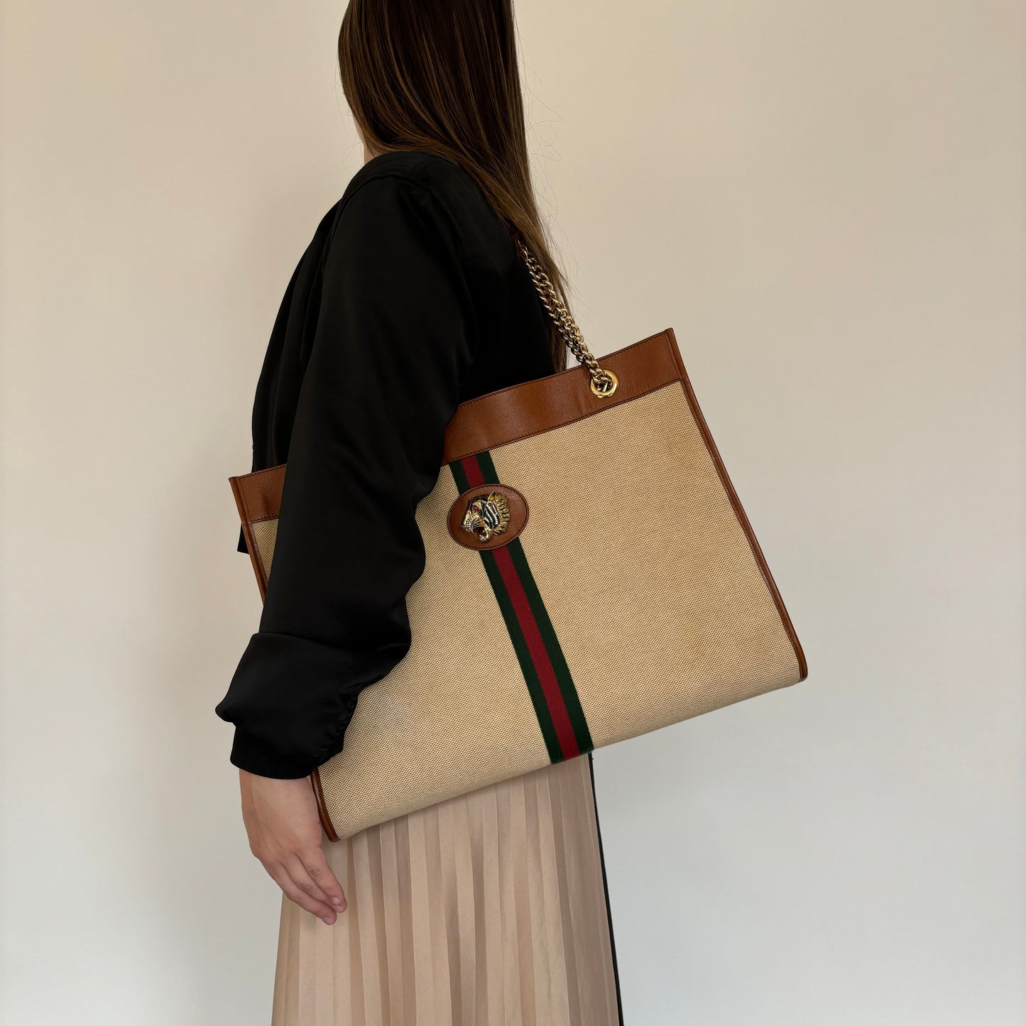 Gucci Canvas and Tan Leather Rajah Tote Bag with Pochette