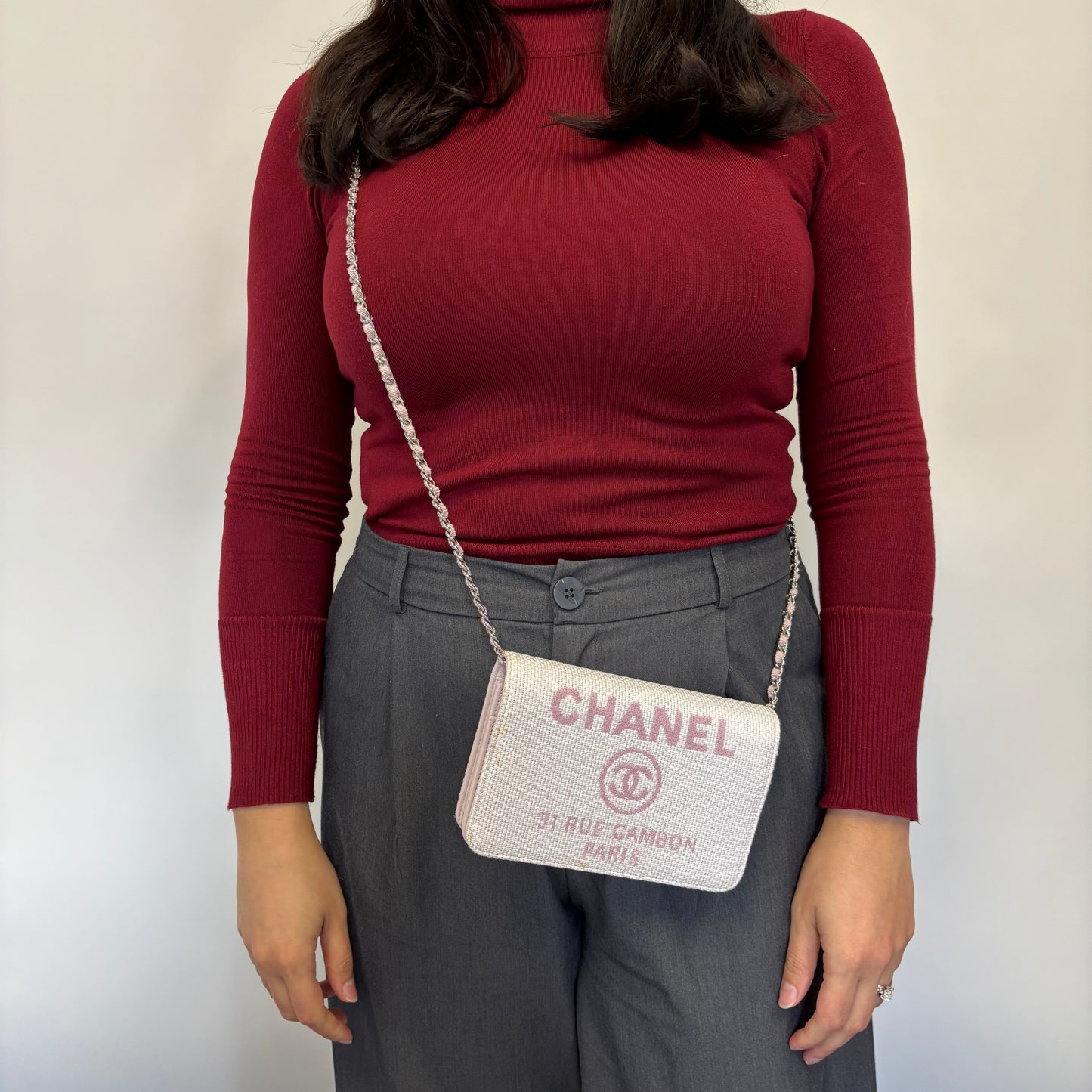 Chanel Deauville Wallet On Chain WOC Pink Canvas Silver Hardware