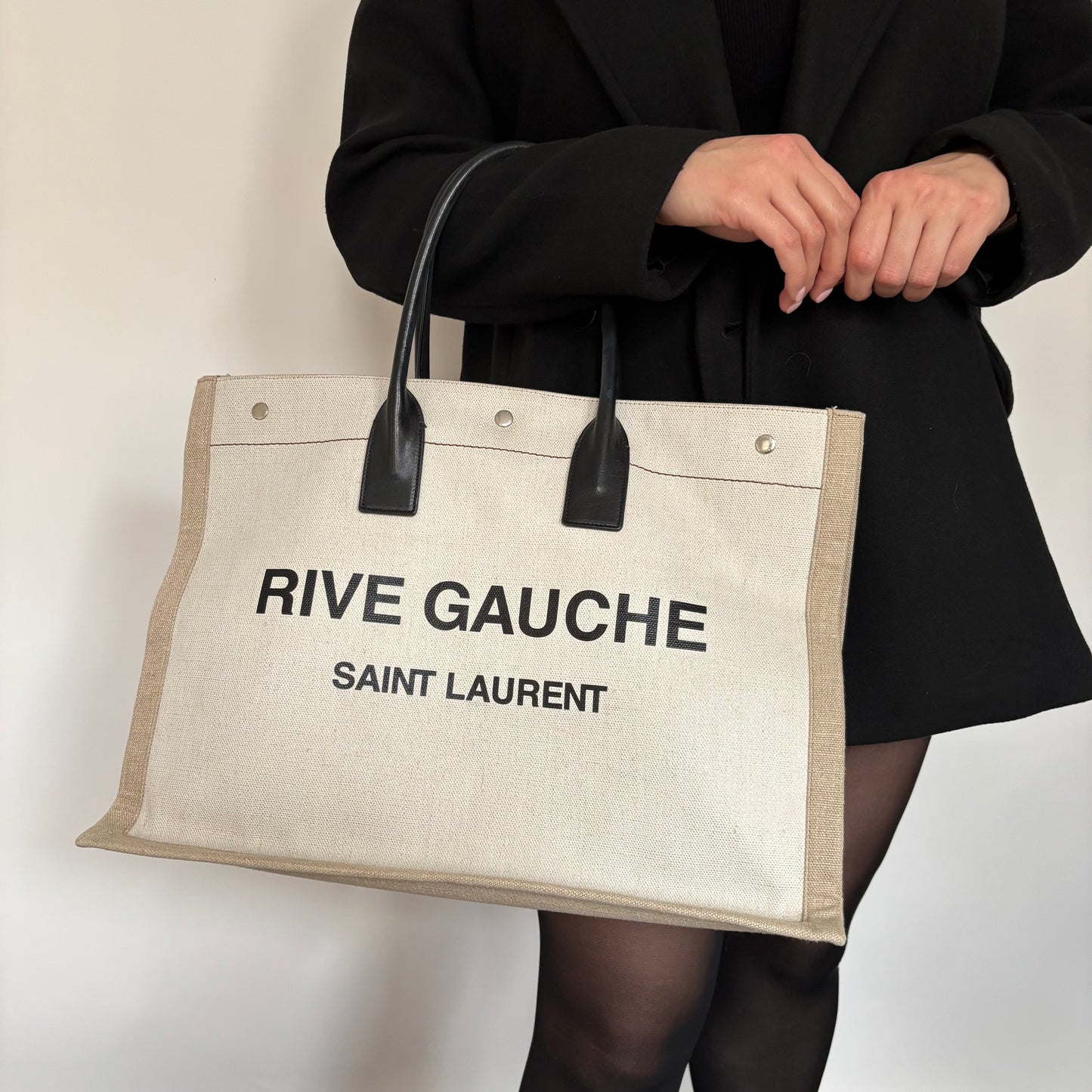 Saint Laurent Rive Gauche Large Tote In Printed Canvas & Leather